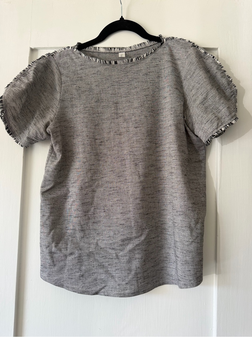 Becoming S Gray Frayed Fringe Trim Puff Sleeve Blouse